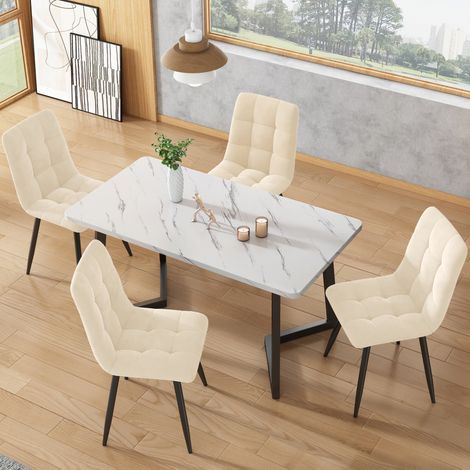 Lote de 4 sillas de comedor tapizadas con respaldo y asiento de Terciopelo y Metal. Beige (1/5)
