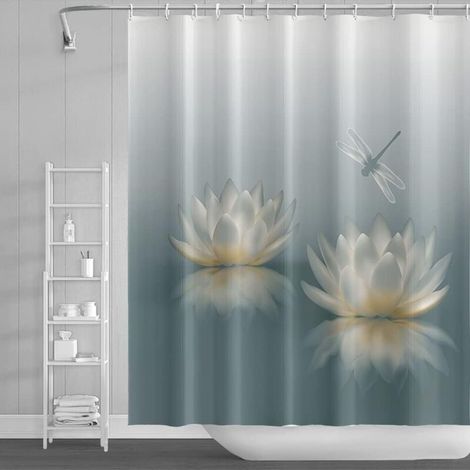 180x180cm Lotus Fleur Rideau de Douche Mignon Libellule Zen Spa Élégant Floral Spirituelle Méditation Étanche pour Salle de Bain avec 12 Crochets