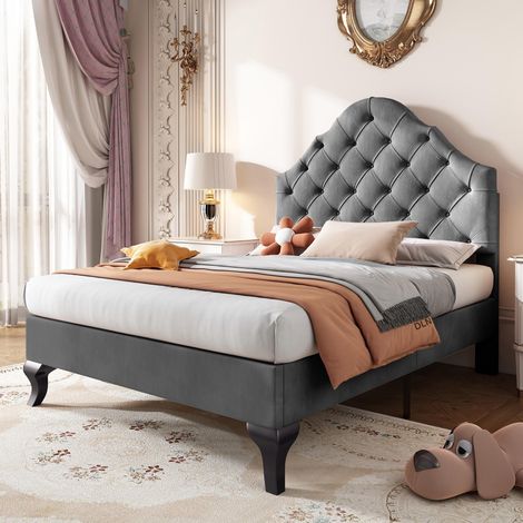 Letto singolo 90x200 cm, tessuto velluto, con testiera regolabile in altezza, rete a doghe, letto imbottito per bambini, stile classico - grigio (1/5)