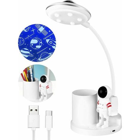 5W LED Kids Desk Lamp, Cordless Dimmable Rechargeable Table Lamp with Pen Holder and Projection, Flexible Gooseneck Reading Light for Office Study Room (White) (1/4)
