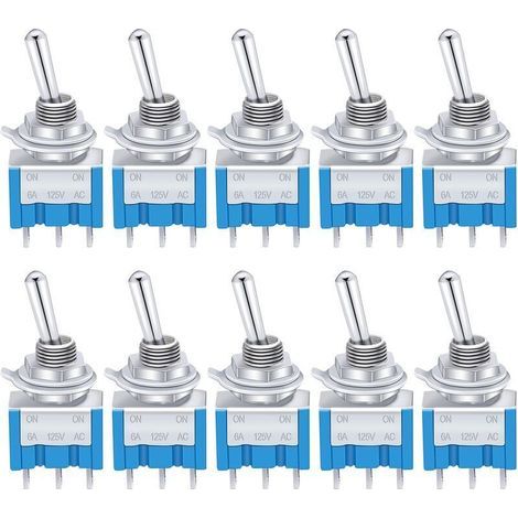 10 Pièces Bleu Mini Interrupteur à Levier ON/OFF 3 bornes 2 Position SPDT Métal interrupteur à bascule AC 125V 6A pour la Voiture Camion Bateau MTS 102 (1/5)