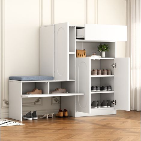 Schuhschrank 130x35x110 cm, 2 in 1 mit Sitzbank, höhenverstellbare Fächer, grifflos, Spanplatte, Weiß (1/5)