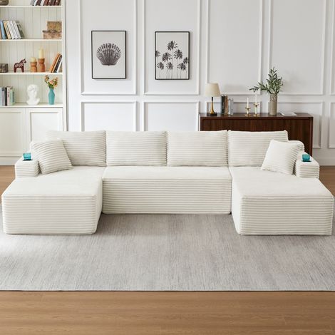 Canapé d'angle modulaire sans cadre en forme de U, porte-gobelet et poche latérale, assise profonde, mousse à mémoire de forme, velours côtelé, beige