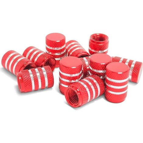 12 Bouchons Valve Pneu, Capuchons Valve Métal avec Anneau Caoutchouc, Couvercle Bouchon Valve Pneu Aluminium pour Voitures, Couvercle Poussière Valve Pneu Moletés Alliage Aluminium (Rouge) (1/5)