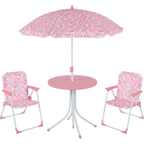 Relaxdays Camping Kindersitzgruppe, Einhorn Motiv, Kindersitzgarnitur mit Schirm, Klappstühlen & Tisch, Garten, rosa (1/5)