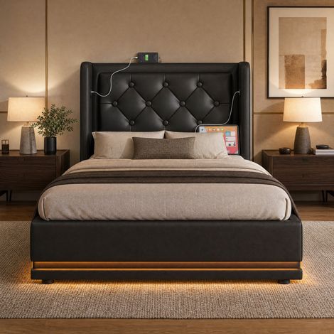 Letto contenitore singolo 90x200 cm, con sollevamento idraulico, porte USB e Tipo-C, similpelle nera, senza materasso (1/5)