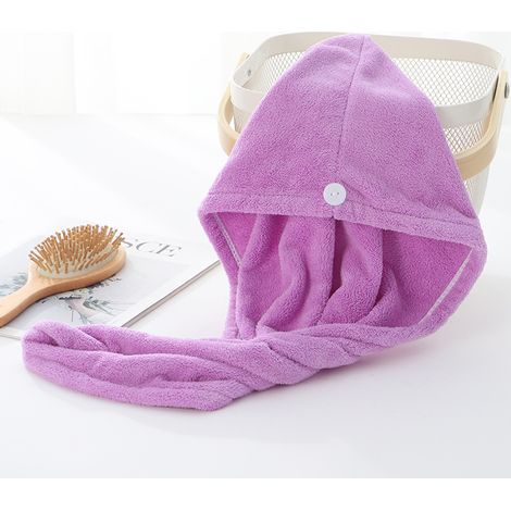 Fabricante y mayorista de gorros tipo turbante absorbentes, de terciopelo coral liso y triangular, para cabello seco, color lila claro, de 26 x 65 cm. (1/5)