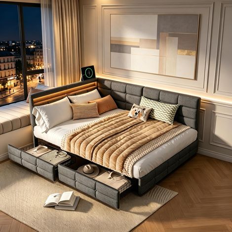 FOERPL-Divano letto imbottito 140 x 190 cm con LED e USB/Type-C, letto singolo imbottito 140 x 190 con 2 cassetti letto con rete a doghe per soggiorno camera da letto in lino