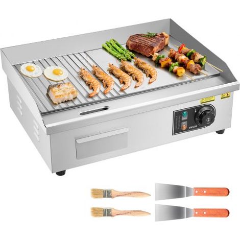 Gewerbliche Elektrische Grillplatte 3200 W, Tischgrillplatte 535x300 mm Grillfläche, Elektrogrill, halb Gerillt, halb Glatt, mit 2 Spateln & 2 Bürsten & Fußpolstern, für Steaks Pfannkuchen (1/5)
