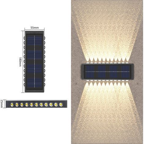 Lampe murale solaire 2 en 1 avec éclairage bidirectionnel haut/bas, 22 LED, lumière chaude, pour extérieur, décoration de clôture, mur ou façade sans fil, rechargeable par énergie solaire yun
