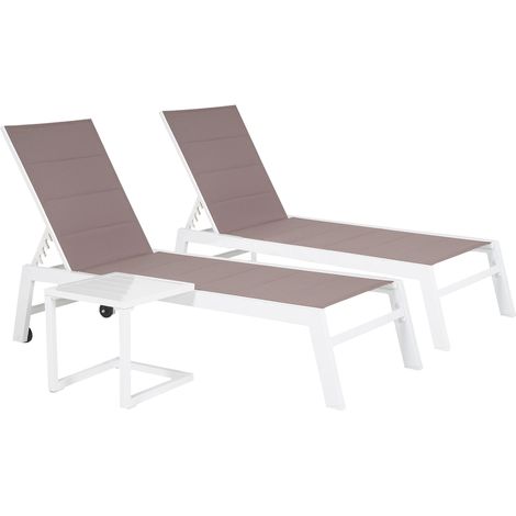 Set di 2 lettini BARBADOS eTavolino in textilene tortora - alluminio bianco
