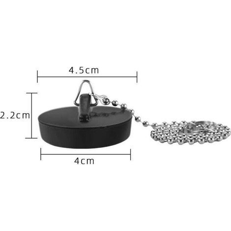 Bouchon de vidange monobloc avec chaîne en acier inoxydable et crochet en S, adapté aux baignoires, éviers, salles de bains, cuisines et maisons (tailles 42 mm à 45 mm, longueur de chaîne 40 cm). (1/3)
