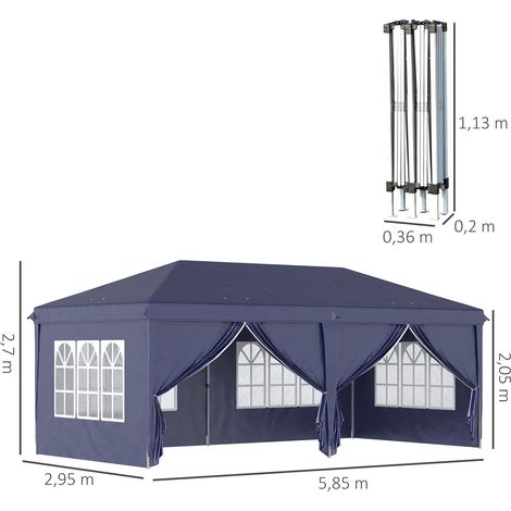 Pavillon pliant de 5,85 x 2,95 m avec protection UV, parois latérales et fenêtres, portes zippées, structure en acier robuste, bleu, idéal pour le jardin et les événements. (1/5)