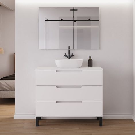 Meuble de salle de bain 90cm avec plateau et vasque à poser arrondie - 3 tiroirs - blanc mat - RIZA (1/5)