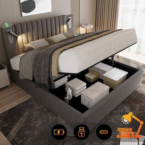 Cama 180x200 cm gris, tapizada con cabecero regulable, luz de lectura y USB, arcón abatible (1/5)