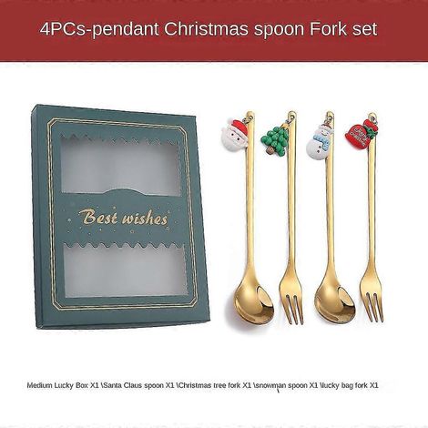 Ensemble de couverts 6 ou 4 pièces, motif élan, décoration sapin de Noël : cuillère à dessert, fourchette à fruits, cuillère à café, cadeau de Noël – 4 pièces, doré, B1 (1/5)