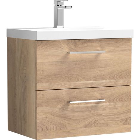 Balterley Contemporary Bathroom Wall Hung 2 Soft-Close Drawer Vanity Unit with Mid-Edge Ceramic Basin, Bleached Oak, 600 mm