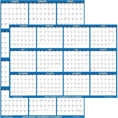 Calendrier mural annuel Glimpse 2026, 81 x 122 cm (32 x 48 pouces), effaçable à sec et à l'eau, plastifié, réversible, bleu marine. (1/5)