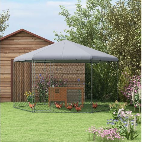 Recinto para gallinas de acero con techo y puerta 400 x 346 x 263 cm gris OKWISH (1/5)