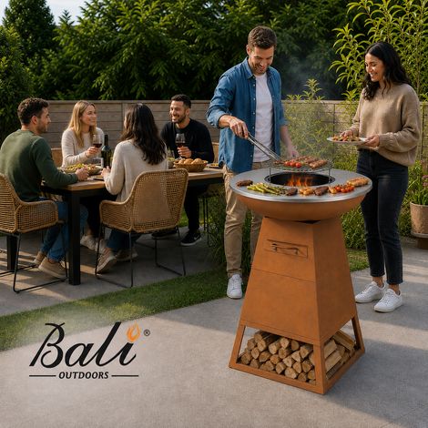 BALI OUTDOORS Braséro Plancha 3 en 1 Ø58,5 cm, barbecue extérieur au bois et charbon, plancha inox, grille barbecue, bac à cendres amovible, finition rouille