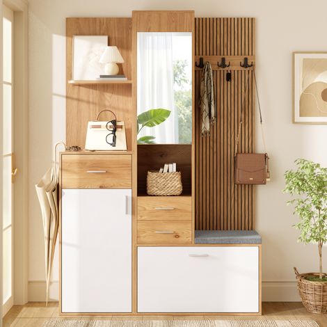 Vestiaire d'entrée, meuble à chaussures avec abattant, banc, miroir, tiroirs, étagères et patères, éclairage LED contrôlable par applicatio,blanc (1/5)