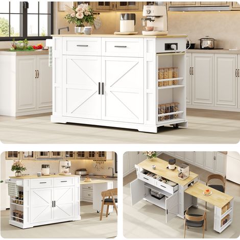 Îlot de cuisine avec plan de travail extensible, chariot de cuisine 120×50×93 cm avec prise multiple, 2 tiroirs, armoire à double porte, étagère réglable, porte-serviettes et 7 roulettes, blanc/chêne (1/5)