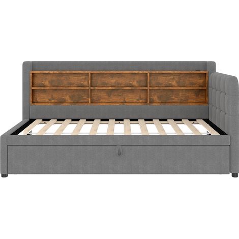 Lit de jour, 90200 cm (180 x 200 cm), lit de jour, canapé-lit, design de lit escamotable multifonctionnel, USB + Type C, plusieurs espaces de rangement, lit avec sommier à lattes (sans matelas), lin, (1/5)