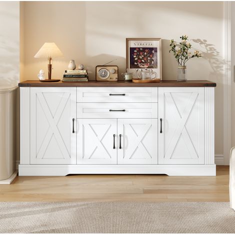Aparador blanco con tablero de MDF, 4 puertas, 2 cajones y 6 estantes regulables OKWISH (1/5)