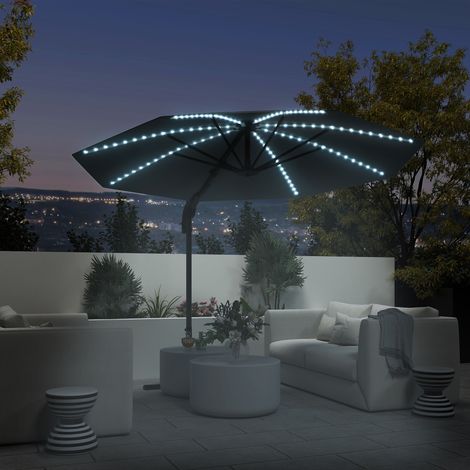 Parasol déporté en aluminium avec éclairage solaire LED, Ø 300 cm, réglable en hauteur, avec pied à manivelle, protection UV50+, gris foncé