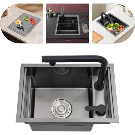 Évier de cuisine 30 x 45 cm, encastré, adapté aux comptoirs de cuisine et aux camping-cars, à cuve unique avec couvercle, système de siphon intégré, robinet coulissant, acier inoxydable, noir (1/5)