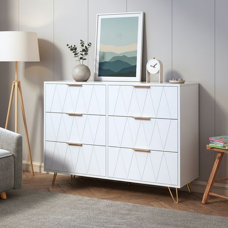Cassettiera bohémien con 6 cassetti su rotelle, 100x72x34 cm, motivo lineare, maniglie e gambe in metallo - bianca (1/5)