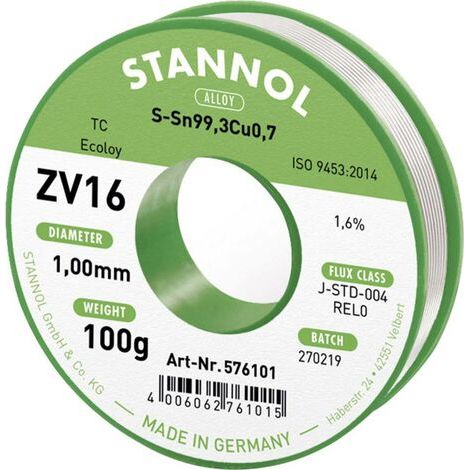 Étain à souder sans plomb Stannol ZV16 Sn99,3Cu0,7 REL0 100 g 1 mm Q714392 (1/3)