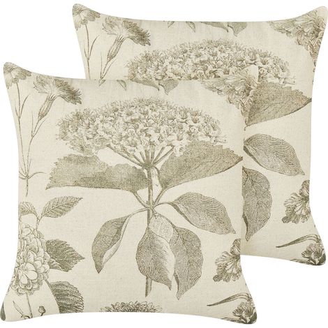 Dekokissen 2er Set Beige u. Grün Blumenmuster 45 x 45 cm Quadratisch Abnehmbarer Bezug für Wohnzimmer Schlafzimmer Sofa Sessel Bett (1/5)