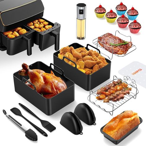Kit d'accessoires Vernatti pour friteuses à air à double panier (Ninja AF300EU, AF400EU, Tower T17088) – Moules en silicone sans BPA (7,6–9,5 L) (1/5)