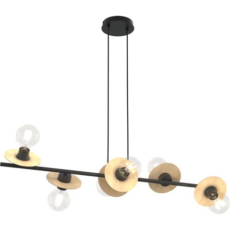 Lampadario 6 Luci Token In Acciaio Nero E Legno Con Barra E Diffusori A Piatti (1/5)