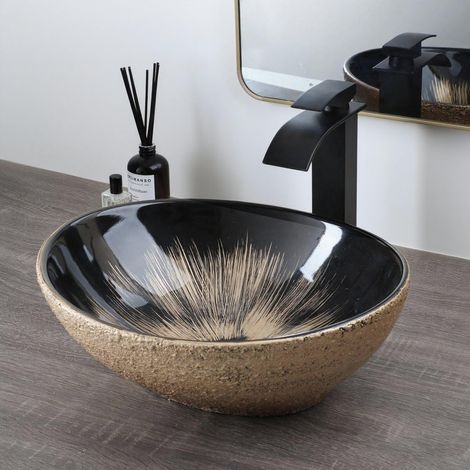 Vasque à Poser Ovale en Céramique Or, Lavabo de Salle de Bain Motif Antique 41x33,5x13,5 cm, Lave-Mains avec Robinet et Bonde pour WC (1/5)
