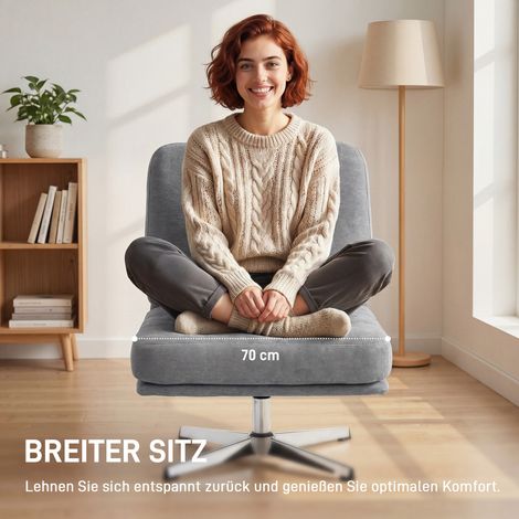 Fauteuil pivotant de salon, fauteuil de détente capitonné en chenille, assise spacieuse, coussin garni de plumes et pieds métalliques, gris clair