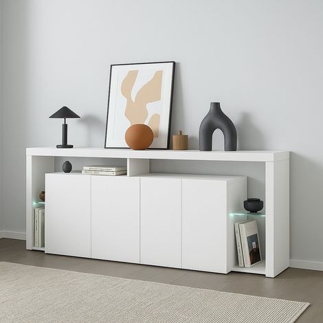 Dmora - Aparador Willer, Buffet de salón 3 puertas, Aparador de salón, Aparador moderno, 200x40h80 cm, Blanco brillante (1/5)