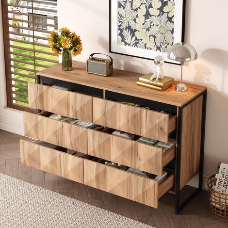 Aparador 120/40/80 cm negro y madera natural con 6 cajones y estructura metálica (1/5)