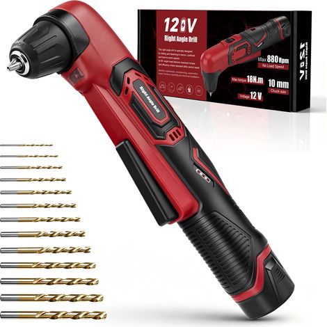 Perceuse d'angle Sans Fil 90° 12V 2,0Ah 1 batterie 18 Nm Mandrin Sans Clé 10 mm Éclairage LED Kit 13 Forets Légère pour Espaces Étroits Réparation Meubles Automobile (1/5)
