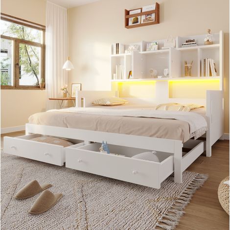 Ausziehbares Tagesbett aus weißem Holz 90 x 190 cm mit Schubladen, LED und Steckdose, OKWISH (1/5)
