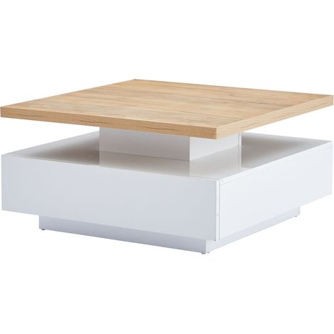 Table basse carrée pivotante 360° avec rangement, blanc brillant et structure noyer (1/5)