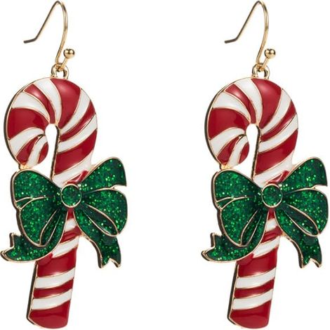 Boucles d'oreilles pendantes en forme de canne à sucre de Noël pour femmes et filles - Design or/blanc/rouge avec nœud papillon vert, bijoux délicats pour les fêtes, accessoires de décoration de Noël  (1/5)