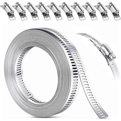 5m Collier de Serrage Métallique 304 Collier Serrage Inox avec 10 Pièces Fixation, Kit de Colliers de Serrage Réglable, pour Tuyaux, Gaz, Eau,Voiture (1/5)