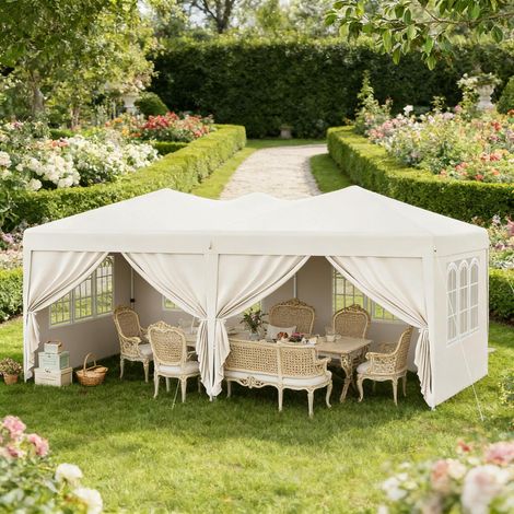 Chioschi da giardino pieghevoli 3x6 m beige con pareti rimovibili, altezza regolabile, impermeabile e anti-UV, in tessuto Oxford