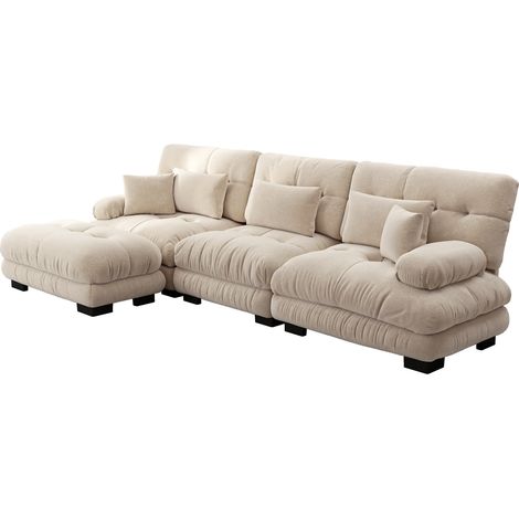 Canapé d'angle modulaire en chenille vintage beige clair avec ottomans amovibles (1/5)