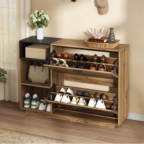 Schuhschrank 120x32x84,5 cm Naturholzfarbe und Schwarz aus MDF mit 3 offenen Fächern und 2 Klappfächern (1/5)