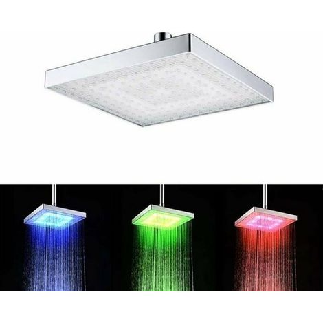 SOFFIONE DOCCIA QUADRATO MULTICOLOR 6 LED TRASPARENTE CROMOTERAPIA 14CM (1/2)