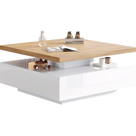 Table basse carrée multifonction avec tiroir pivotant à 360°, design double niveau avec rangement, structure MDF effet noyer,Blanc (1/5)