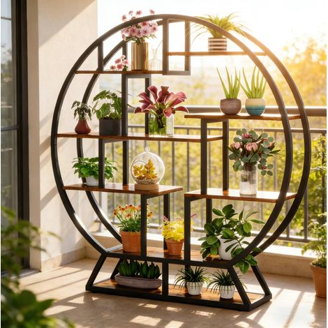MEUBLIV Etagere de rangement ronde noir et brun rustique 8 niveaux 150x30x158 cm (1/5)
